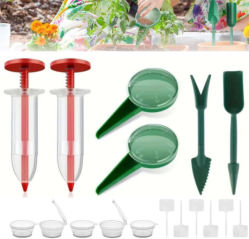 Rongkey 6 PCS Mini Seed Spreader Set, 2025 New Mini Sowing Seed Dispenser, Small Garden Seed Planter Tool, Hand held Manual Seed Spreader with Seedlings Dibber and Widger Set for Tiny Seeds - Image 1